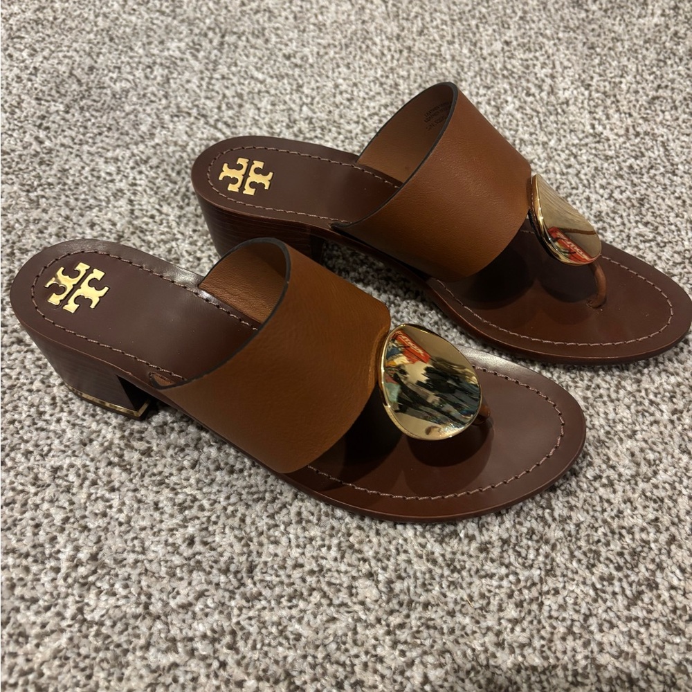 Tory Burch Brown Heeled Patos Disc Sandals with Gold Accent